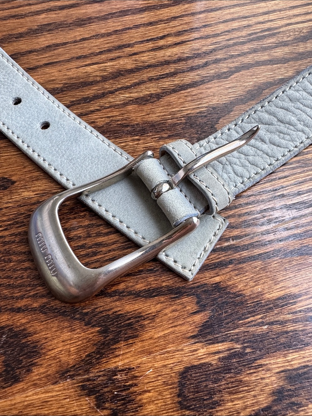 Miu Miu Light Gray/blue Leather women’s Belt with Polished Silver Buckle